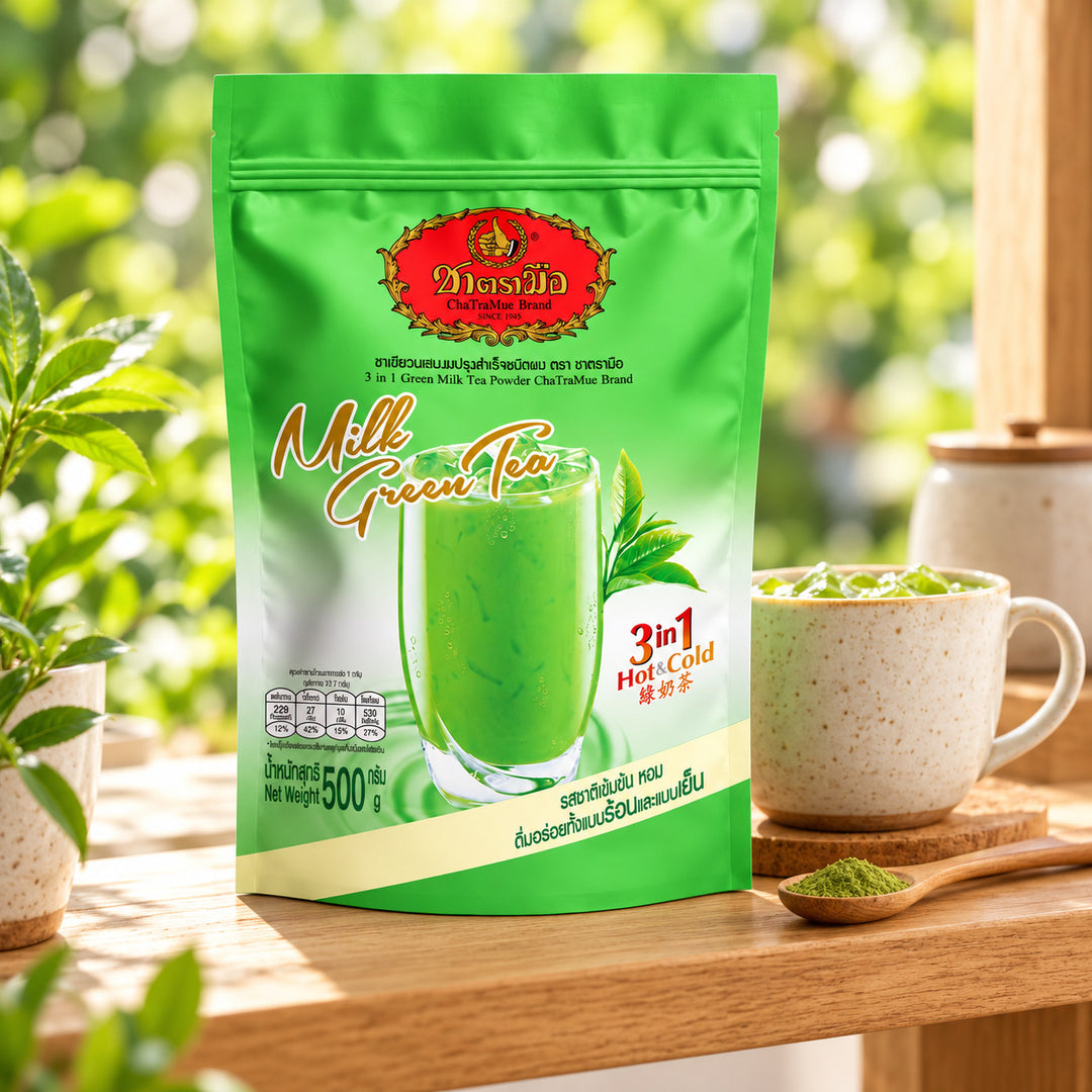 ChaTraMue 3-in-1 Instant Milk Green Tea Mix 500 g — illustrative product setting; cups and decorative props are not included