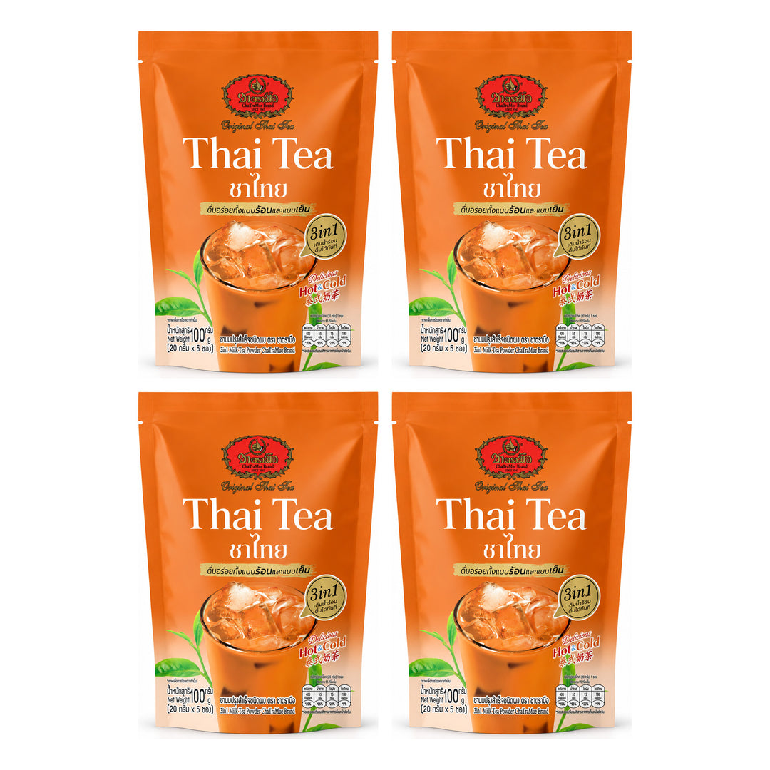 ChaTraMue 3-in-1 Instant Thai Milk Tea — 5 Sachets (100 g) | 4 Packs — 4 separate retail units shown on white background