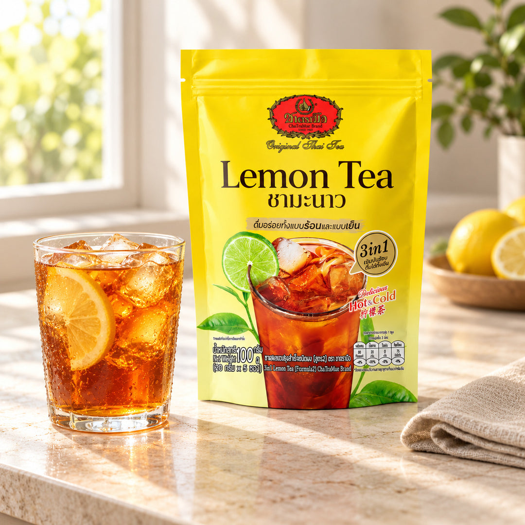ChaTraMue 3-in-1 Instant Lemon Tea Formula 2 — 5 Sachets (100 g) — illustrative product setting; cups and decorative props are not included