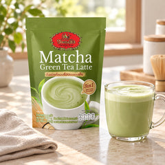 ChaTraMue 3-in-1 Instant Matcha Green Tea Latte — 5 Sachets (100 g) — illustrative product setting; cups and decorative props are not included
