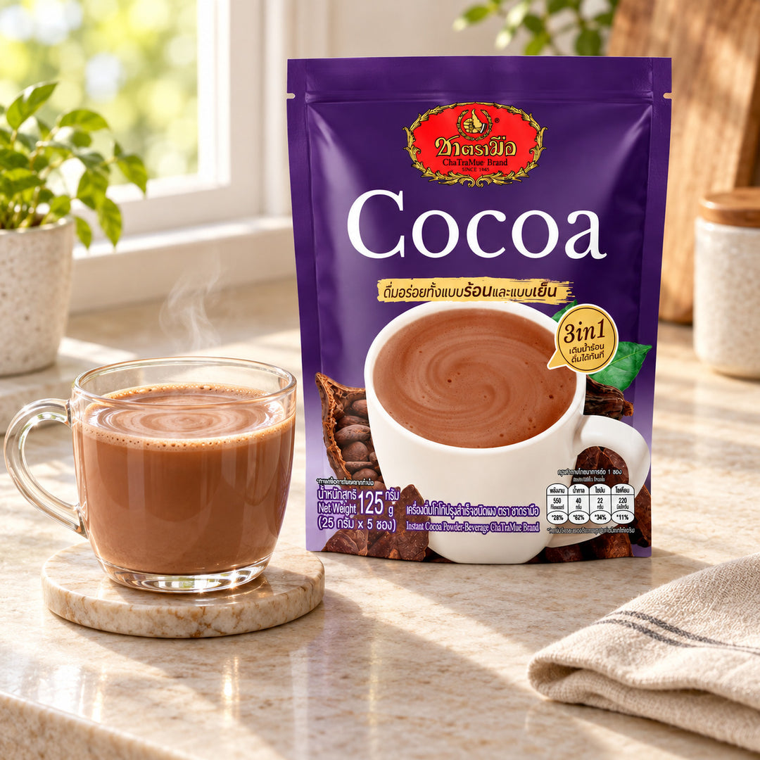 ChaTraMue 3-in-1 Instant Cocoa — 5 Sachets (125 g) — illustrative product setting; cups and decorative props are not included
