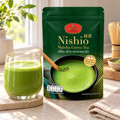 ChaTraMue Nishio Matcha Green Tea Powder 100 g — illustrative product setting; cups and decorative props are not included