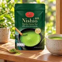 ChaTraMue Nishio Matcha Green Tea Powder 100 g — illustrative product setting; cups and decorative props are not included