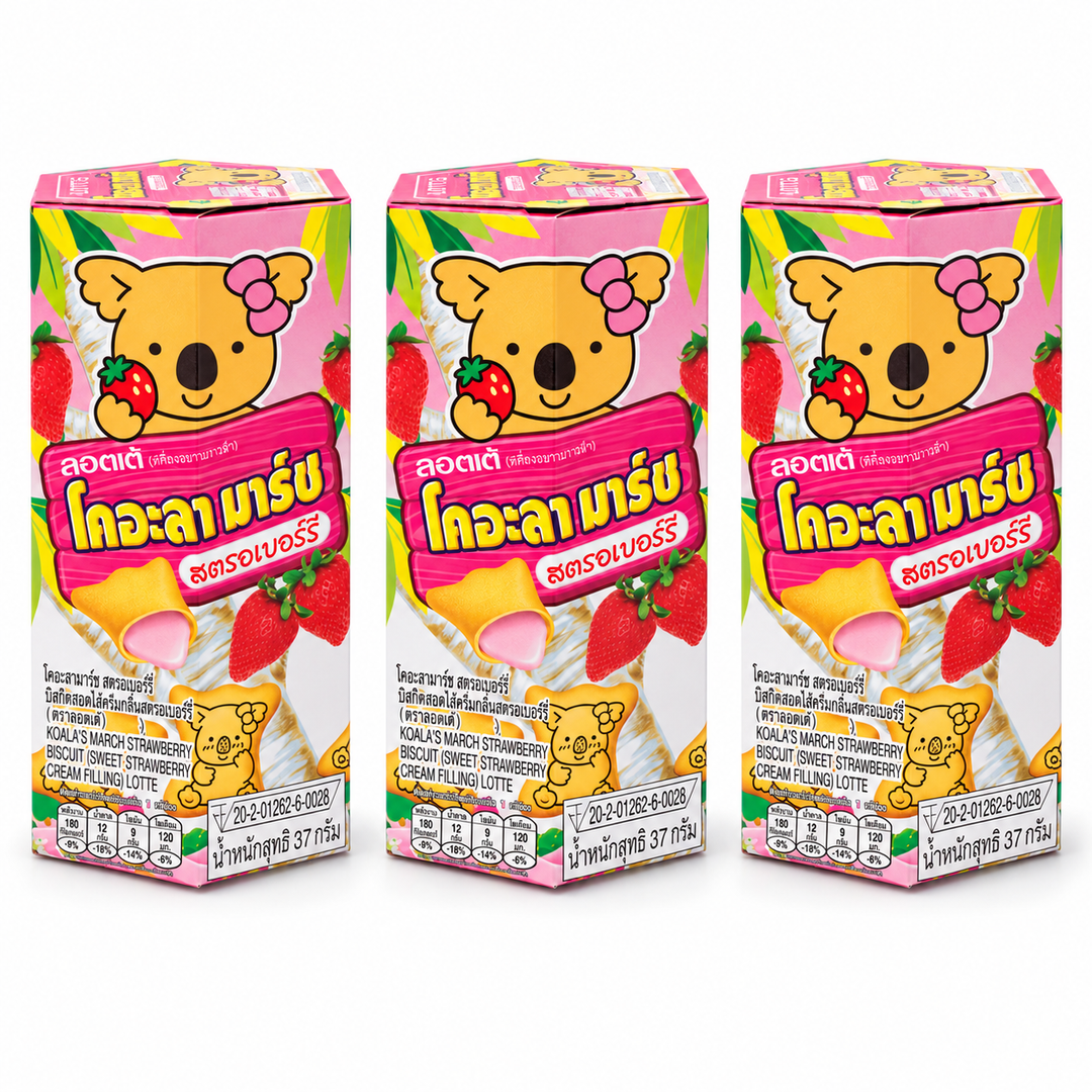 Lotte Koala's March Strawberry Biscuits — 3 × 37 g — exact sold quantity on white