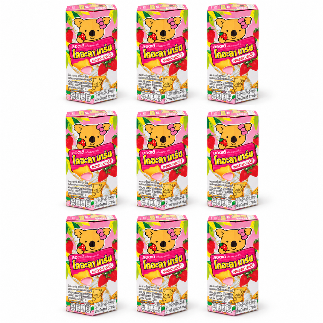 Lotte Koala's March Strawberry Biscuits — 9 × 37 g — exact sold quantity on white