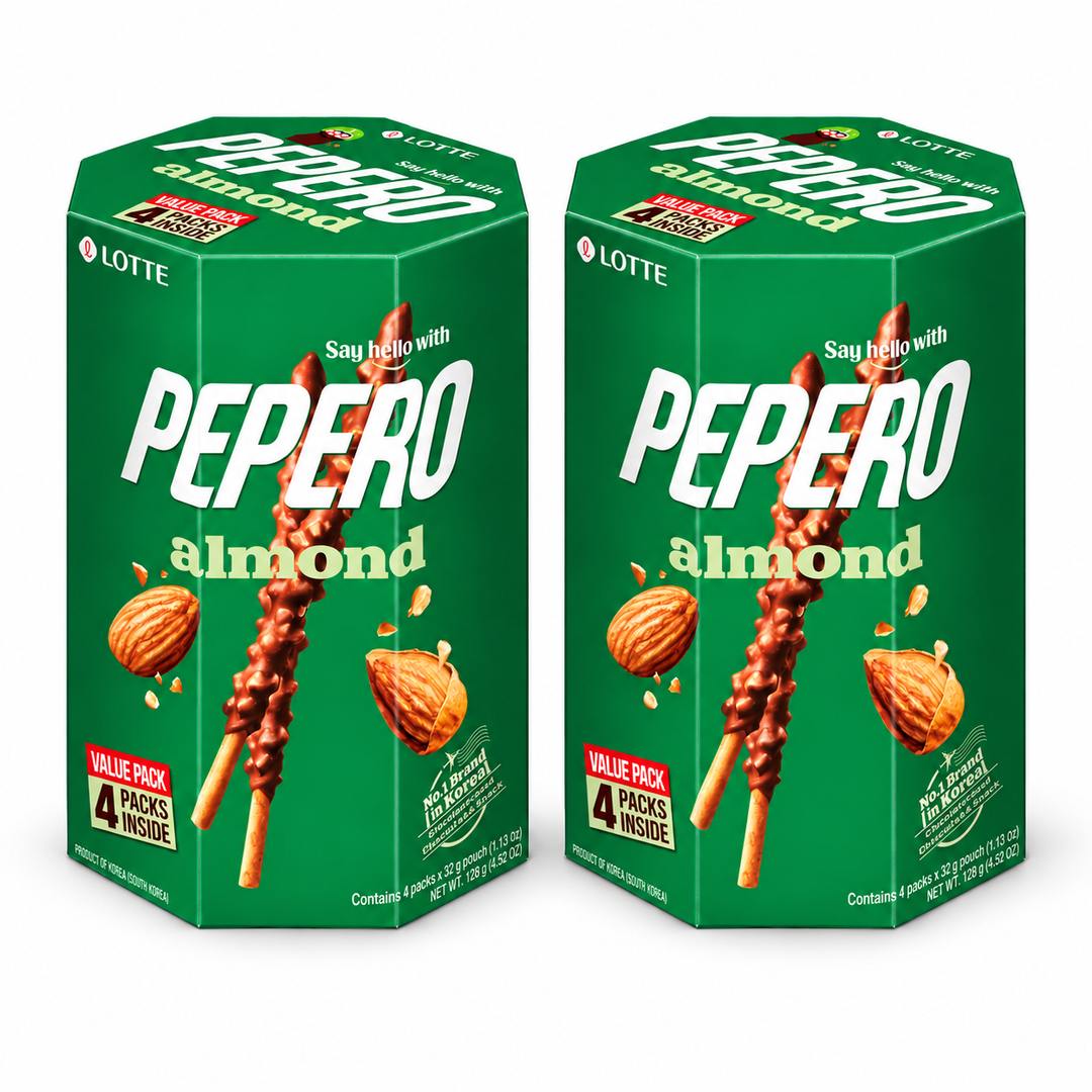 Lotte Pepero Almond Value Pack — 128 g (4 × 32 g) — Pack of 2 — exact sold quantity on white