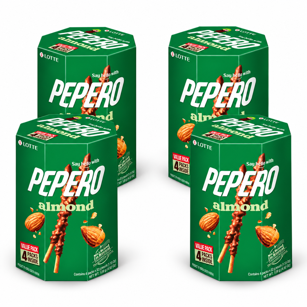 Lotte Pepero Almond Value Pack — 128 g (4 × 32 g) — Pack of 4 — exact sold quantity on white