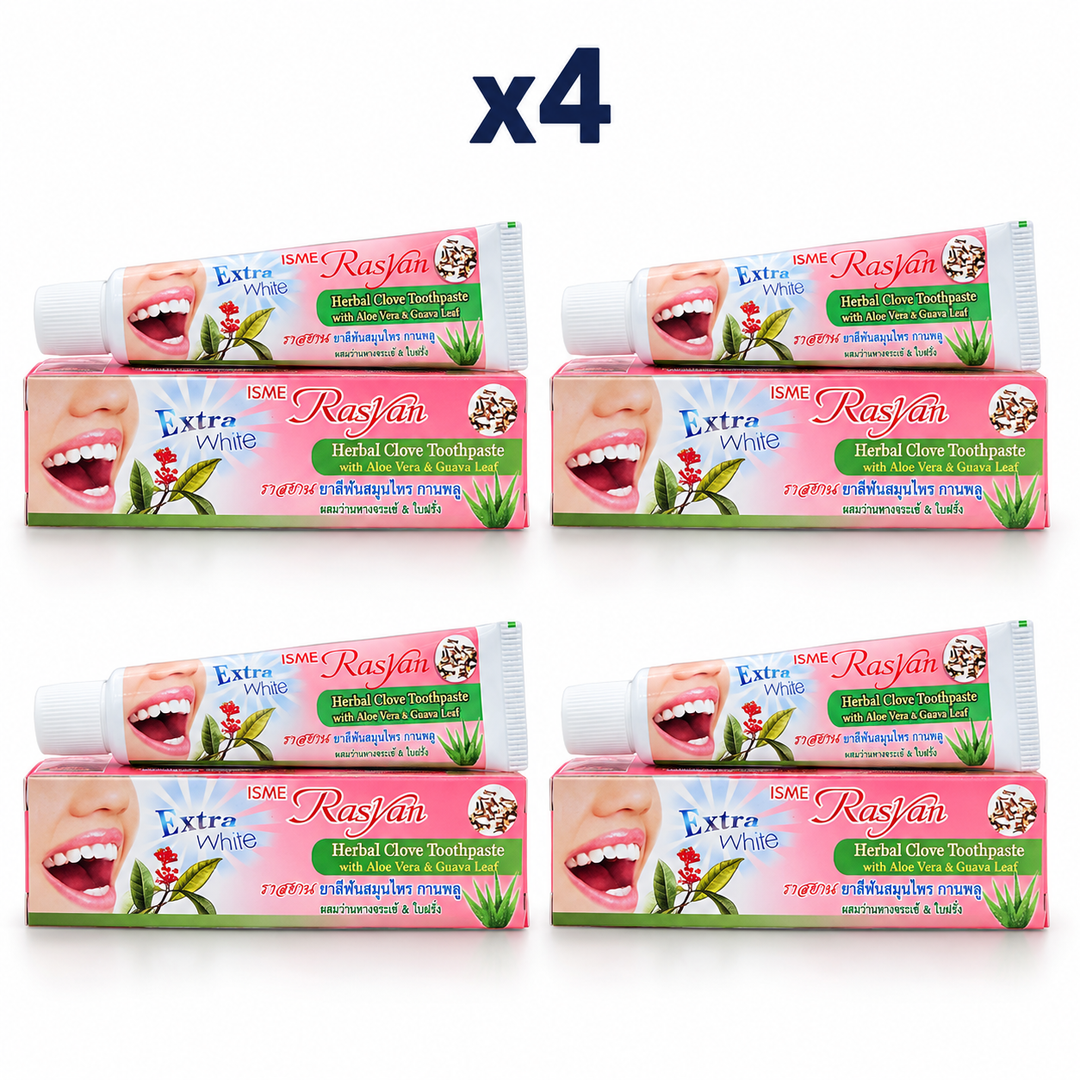 4 × 30 g Rasyan Herbal Clove Toothpaste with Aloe Vera & Guava Leaf – exact pack quantity on white