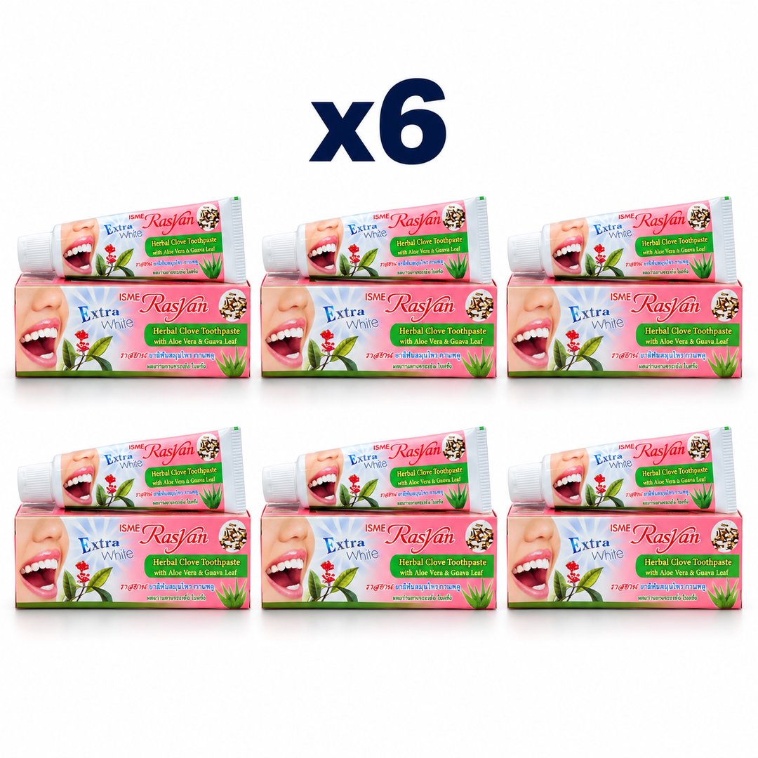 6 × 30 g Rasyan Herbal Clove Toothpaste with Aloe Vera & Guava Leaf – exact pack quantity on white