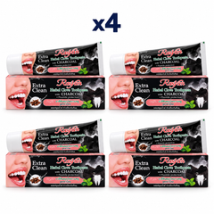 4 × 100 g Rasyan Extra Clean Herbal Clove Toothpaste with Charcoal – exact pack quantity on white