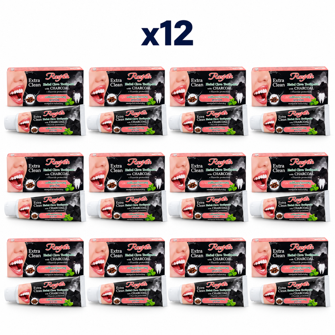 12 × 30 g Rasyan Extra Clean Herbal Clove Toothpaste with Charcoal – exact pack quantity on white