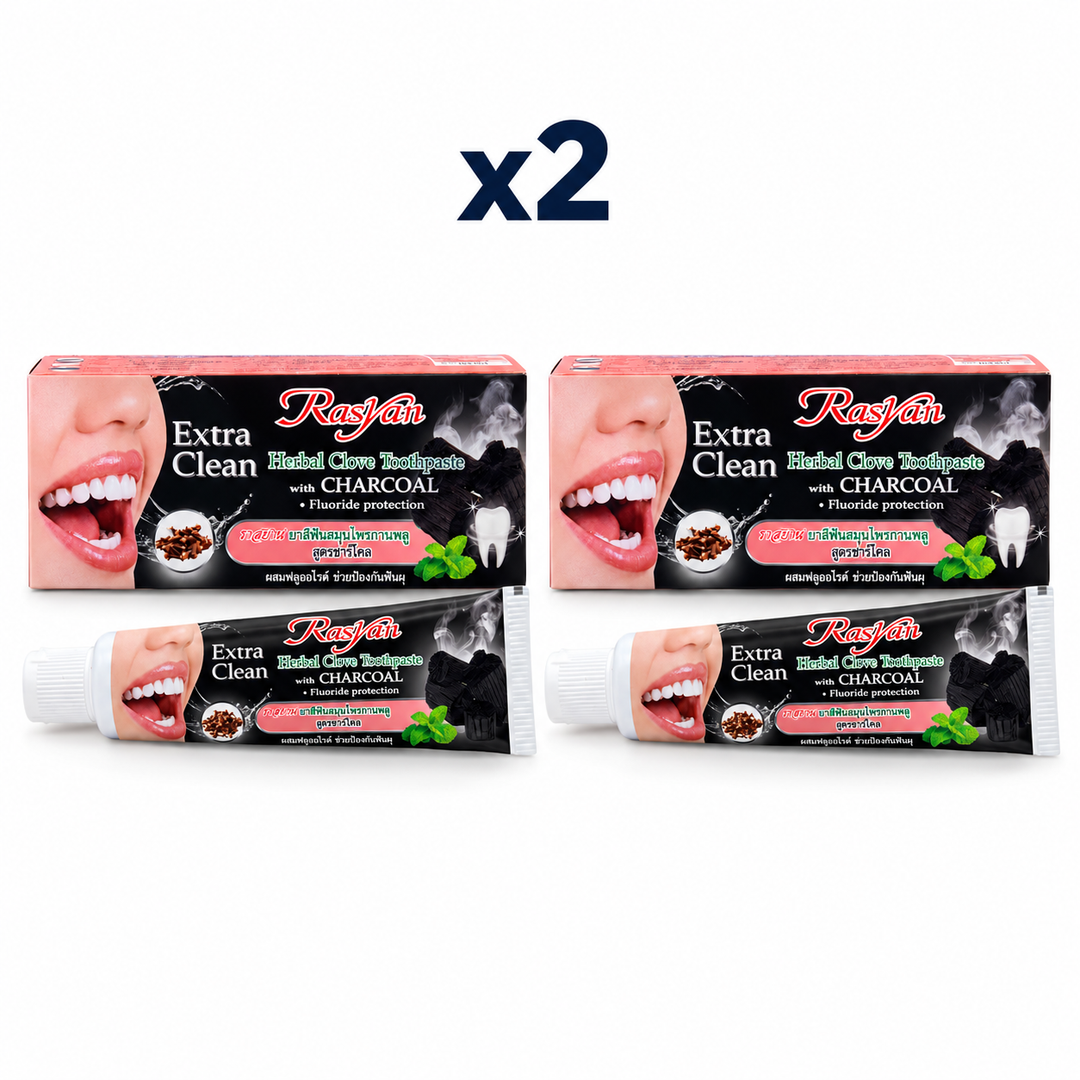 2 × 30 g Rasyan Extra Clean Herbal Clove Toothpaste with Charcoal – exact pack quantity on white