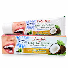 1 × 100 g Rasyan Herbal Clove Toothpaste with Coconut & Aloe Vera – exact pack quantity on white