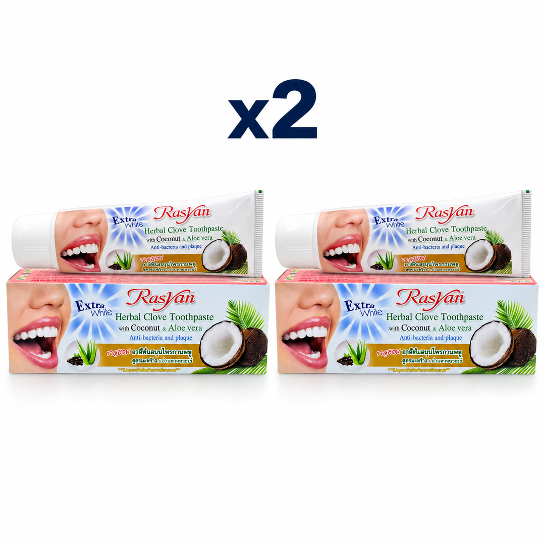 2 × 100 g Rasyan Herbal Clove Toothpaste with Coconut & Aloe Vera – exact pack quantity on white