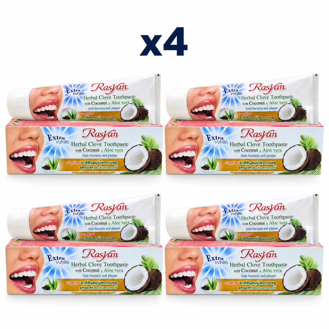 4 × 100 g Rasyan Herbal Clove Toothpaste with Coconut & Aloe Vera – exact pack quantity on white