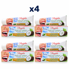4 × 100 g Rasyan Herbal Clove Toothpaste with Coconut & Aloe Vera – exact pack quantity on white