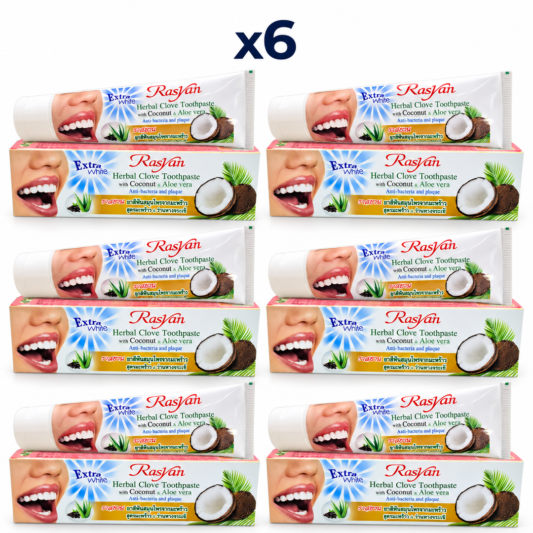 6 × 100 g Rasyan Herbal Clove Toothpaste with Coconut & Aloe Vera – exact pack quantity on white