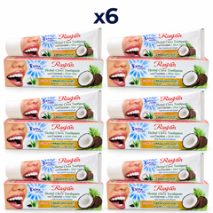 6 × 100 g Rasyan Herbal Clove Toothpaste with Coconut & Aloe Vera – exact pack quantity on white