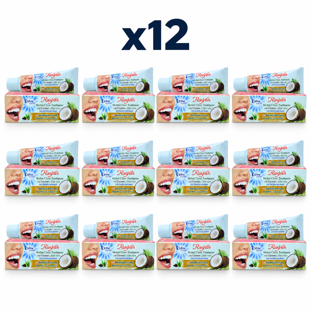 12 × 30 g Rasyan Herbal Clove Toothpaste with Coconut & Aloe Vera – exact pack quantity on white