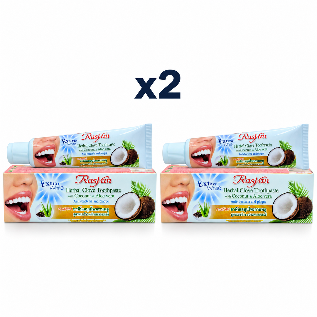 2 × 30 g Rasyan Herbal Clove Toothpaste with Coconut & Aloe Vera – exact pack quantity on white