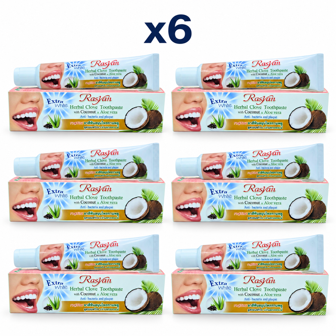 6 × 30 g Rasyan Herbal Clove Toothpaste with Coconut & Aloe Vera – exact pack quantity on white