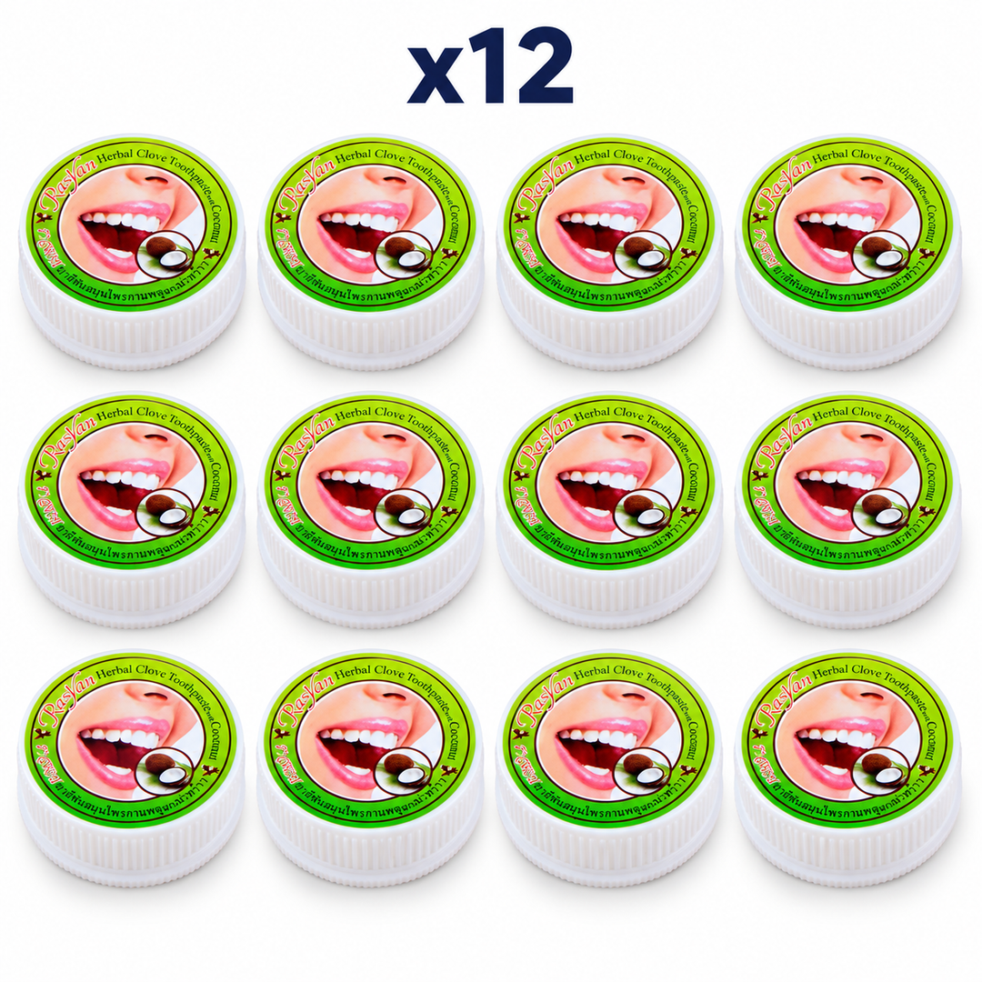 12 × 25 g Rasyan Herbal Clove Toothpaste with Coconut – exact pack quantity on white