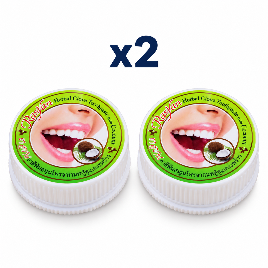 2 × 25 g Rasyan Herbal Clove Toothpaste with Coconut – exact pack quantity on white