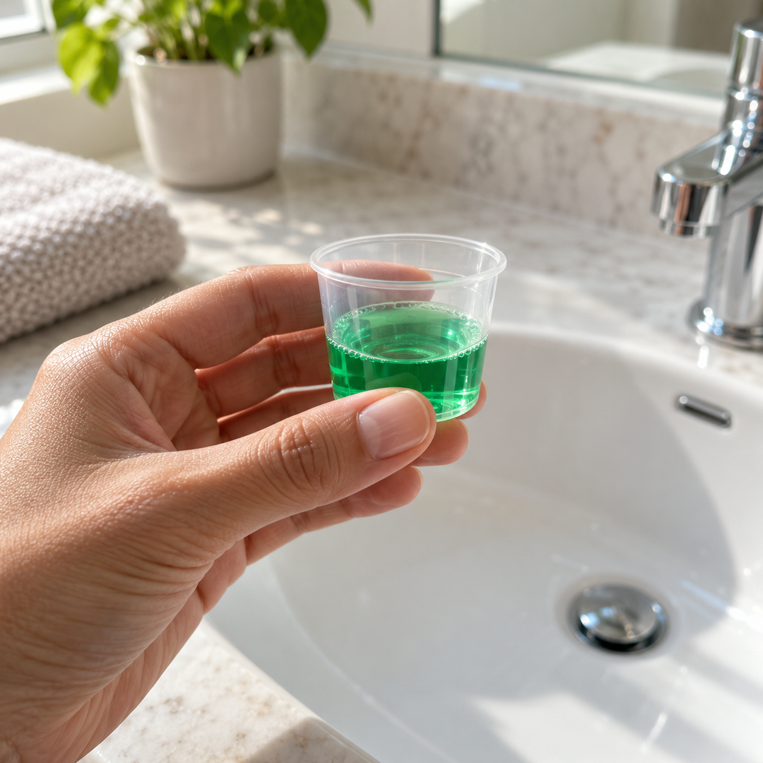 Mouthwash routine illustration: a small portion of green rinse in a cup beside a sink