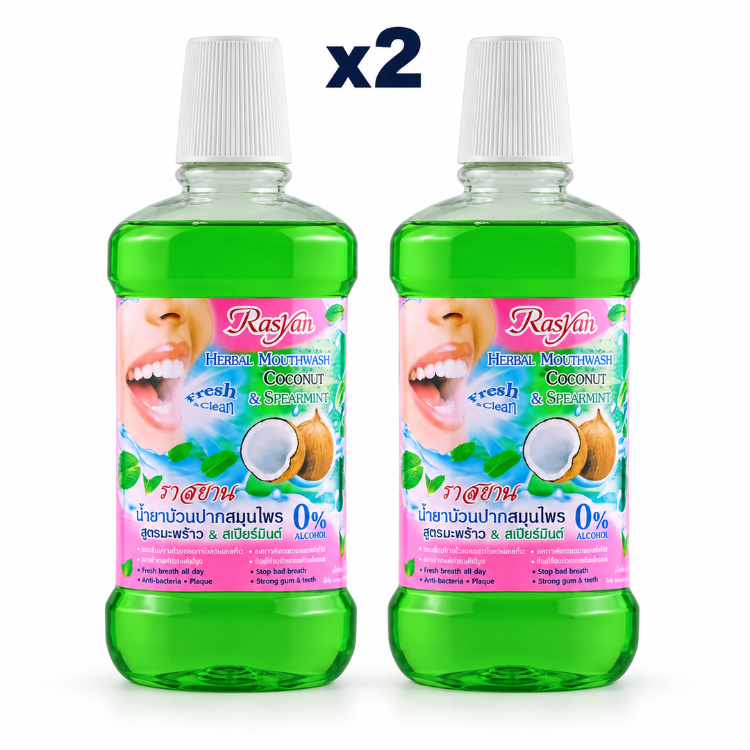 2 × 500 ml Rasyan Herbal Mouthwash Coconut & Spearmint – exact pack quantity on white