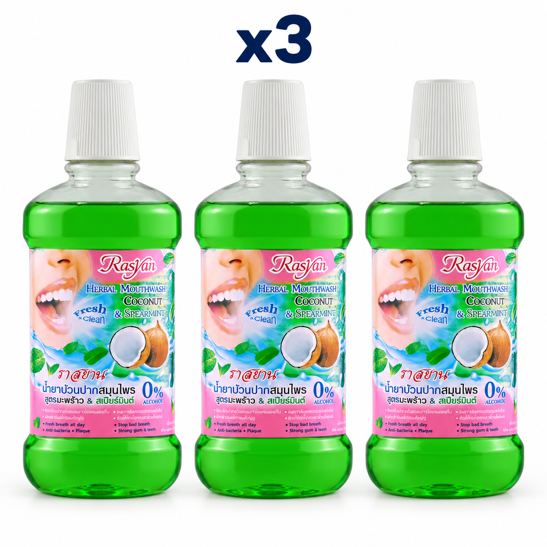 3 × 500 ml Rasyan Herbal Mouthwash Coconut & Spearmint – exact pack quantity on white