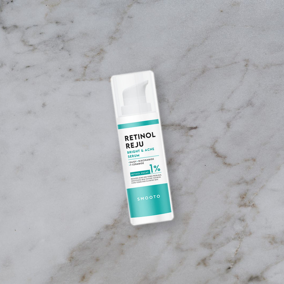 Smooto Retinol Reju 30 g pump bottle on marble vanity