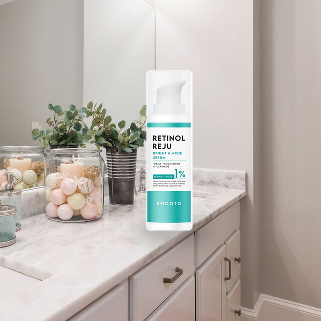 Smooto Retinol Reju 30 g pump bottle on bathroom counter