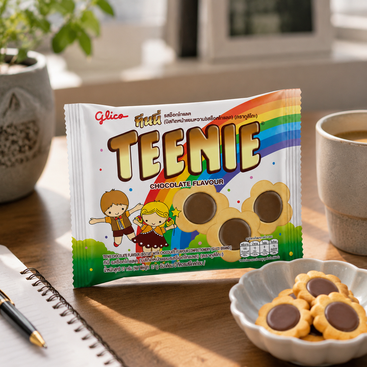 Glico Teenie Chocolate biscuits at a desk