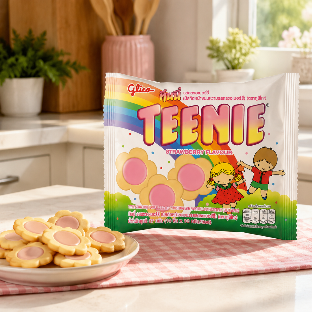 Glico Teenie Strawberry biscuits in a kitchen