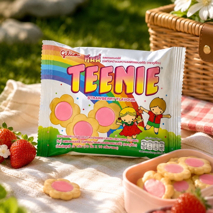 Glico Teenie Strawberry biscuits at a picnic