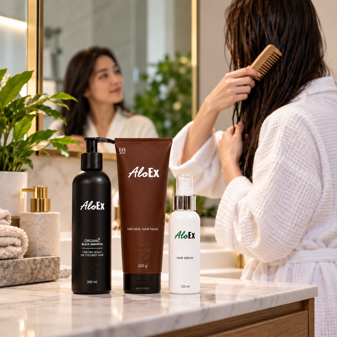 AloEx complete hair routine: shampoo, mask, serum on vanity