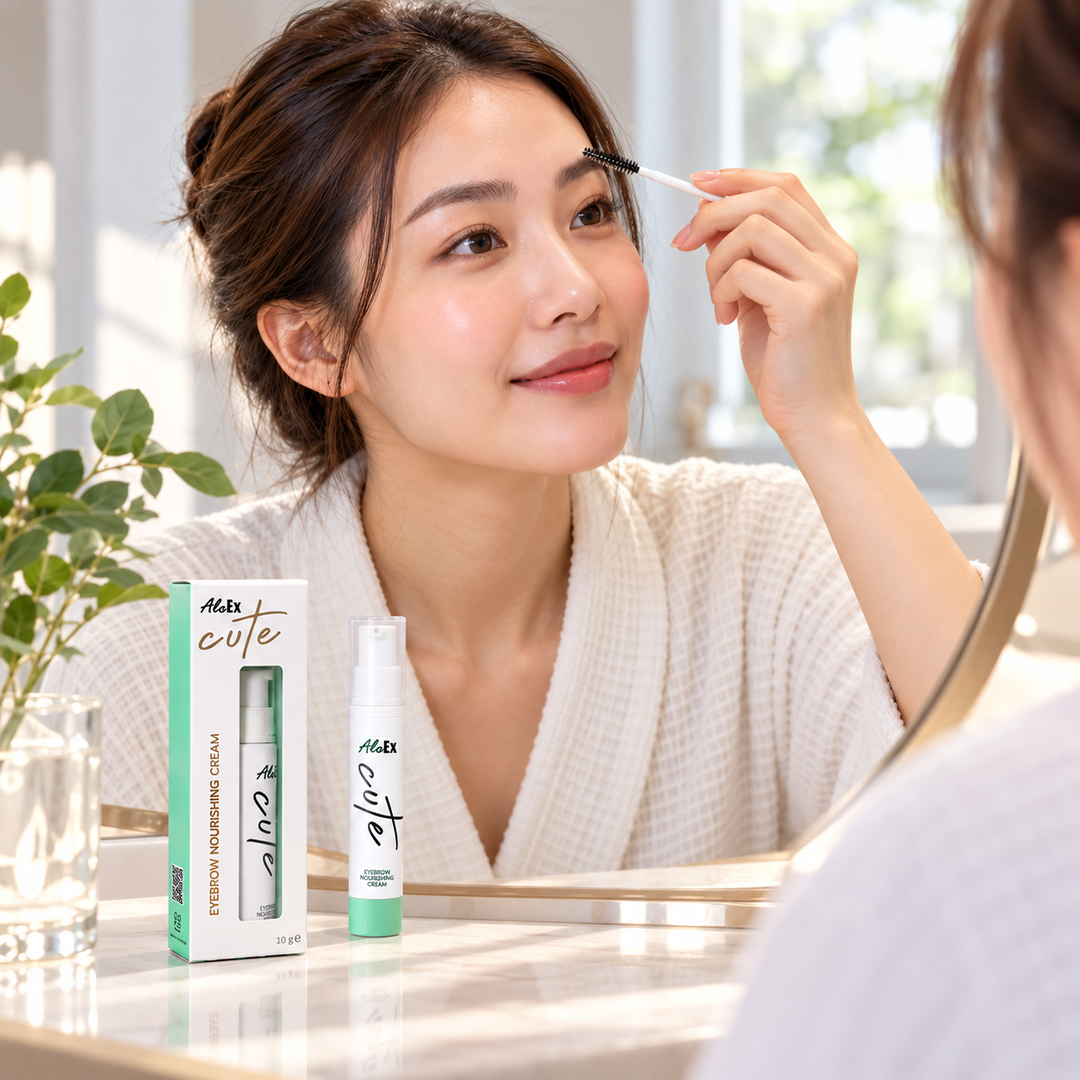 AloEx Cute eyebrow cream on vanity during brow grooming