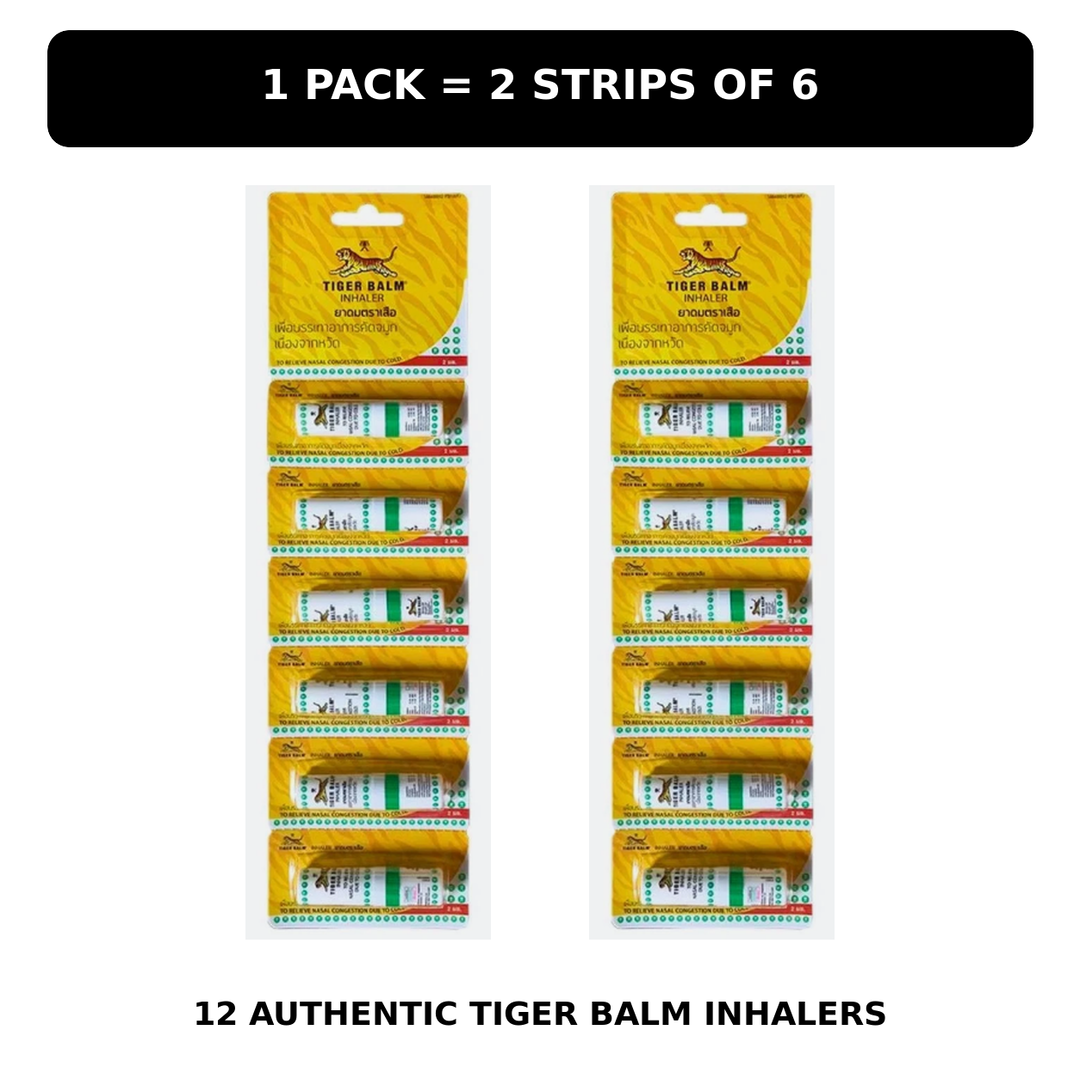 One pack of 12 Tiger Balm inhalers, two authentic strips of 6