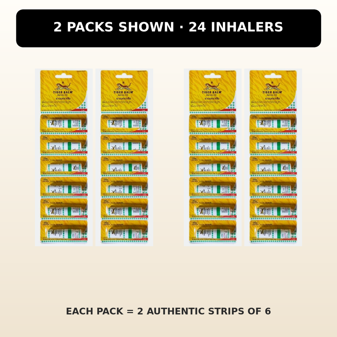 Two packs of 12 Tiger Balm inhalers, four authentic strips of 6