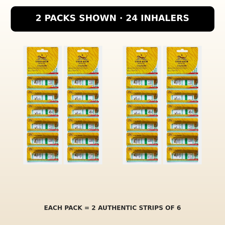 Two packs of 12 Tiger Balm inhalers, four authentic strips of 6