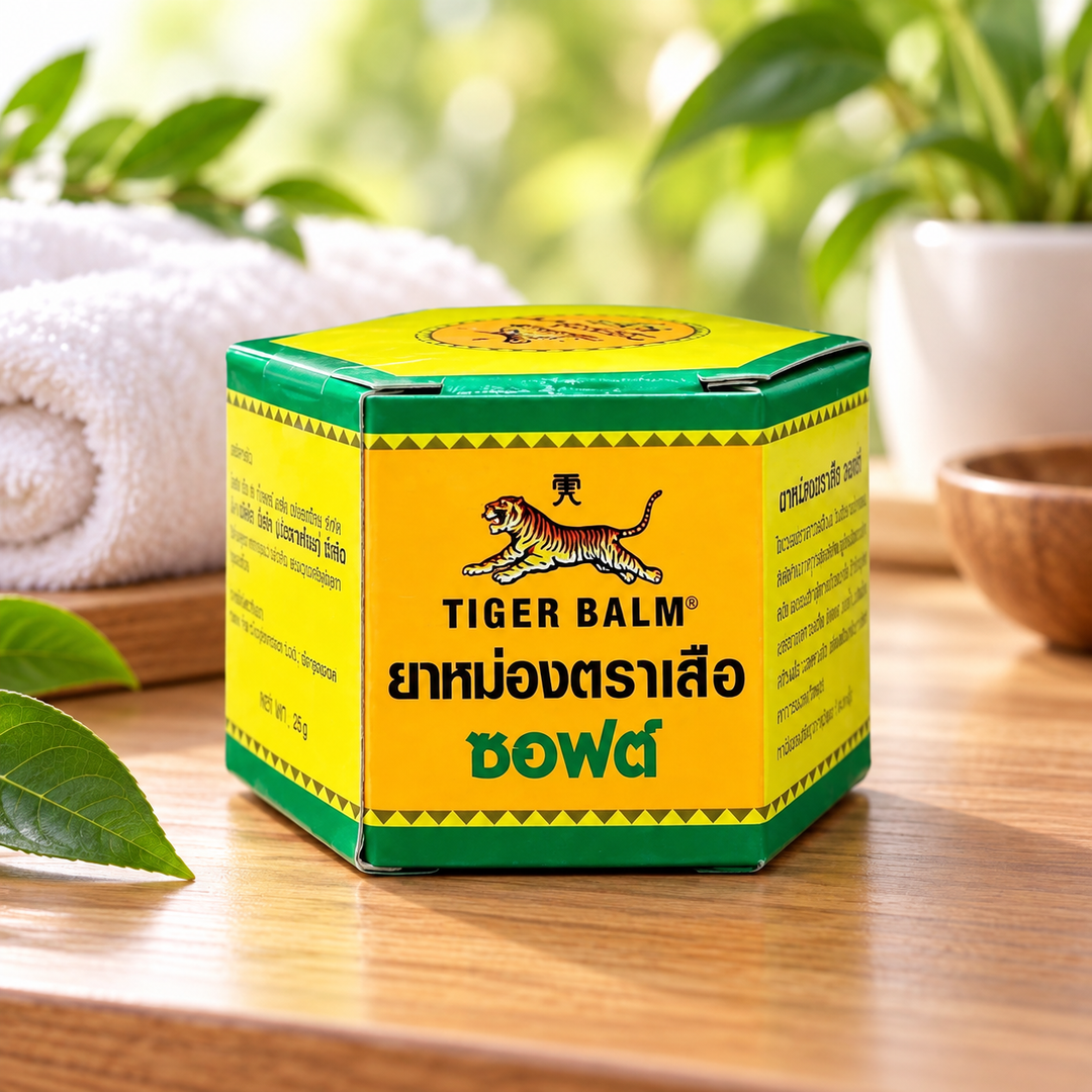 Tiger Balm Soft Formula 25g in a clean spa setting