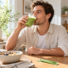 Man drinking a CHAMÉ matcha latte