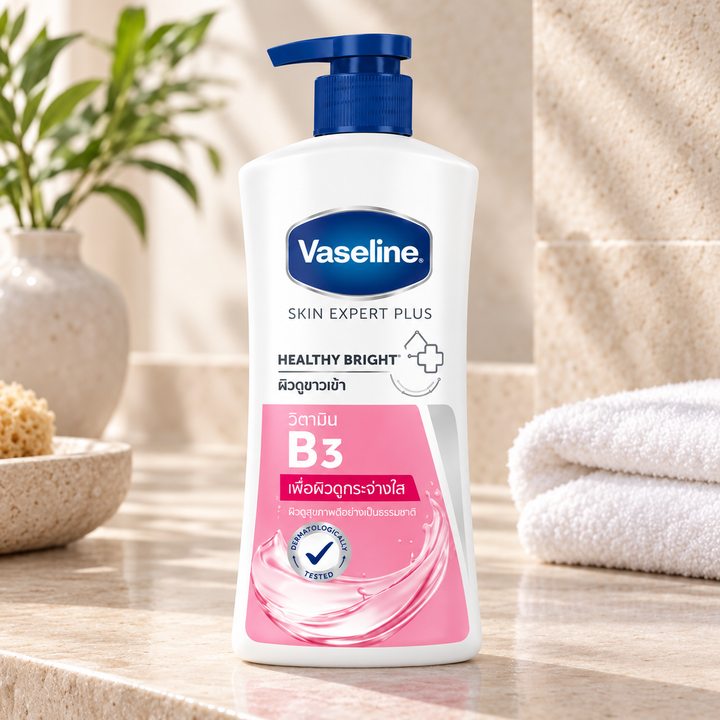 Vaseline Dry Skin Repair Vitamin E body wash in bathroom setting