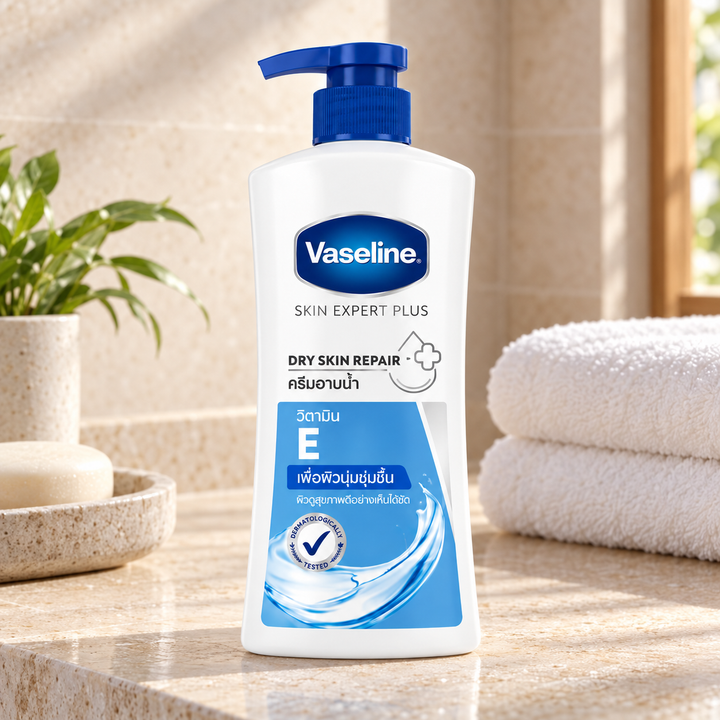 Vaseline Dry Skin Repair Vitamin E body wash in spa setting