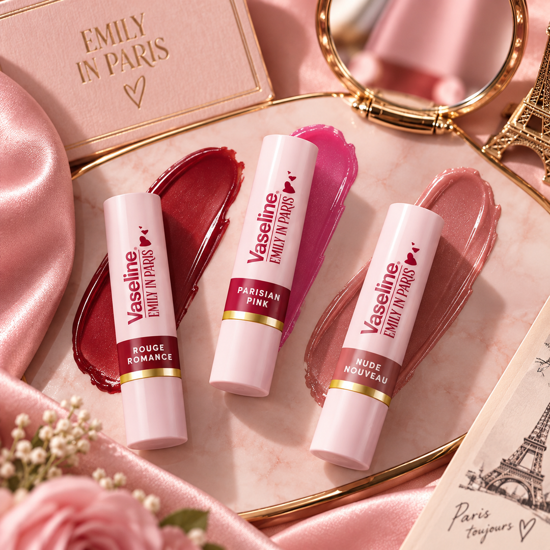 Vaseline Emily in Paris three tinted lip balms and shade swatches