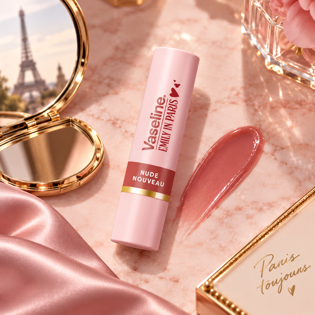 Vaseline Emily in Paris Nude Nouveau tinted lip balm flat lay