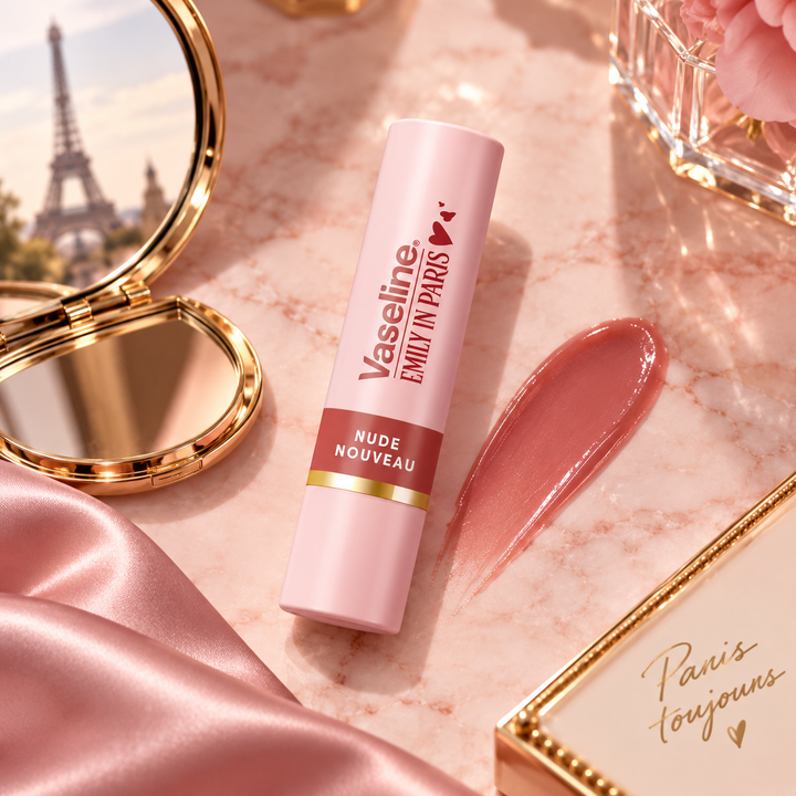 Vaseline Emily in Paris Nude Nouveau tinted lip balm flat lay