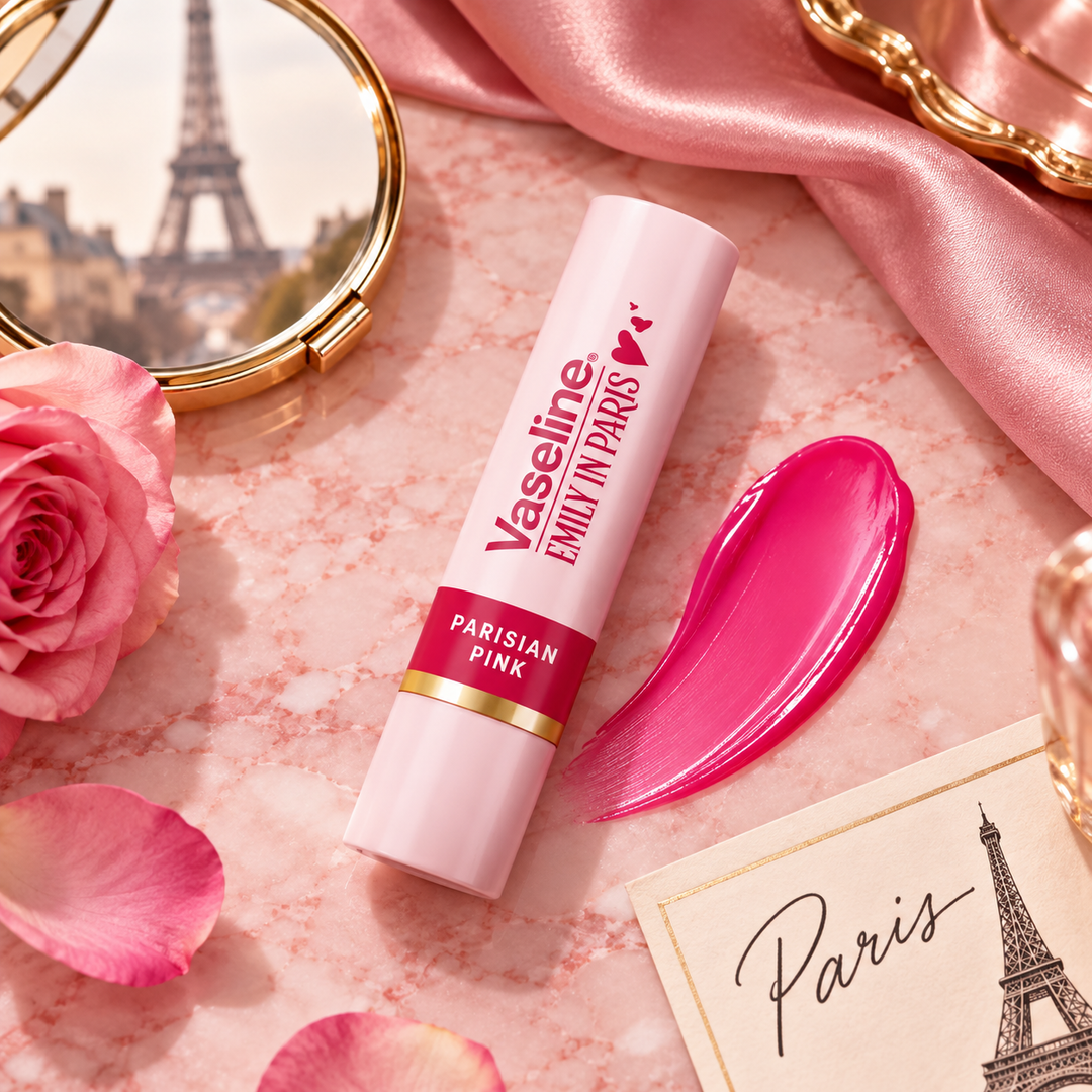 Vaseline Emily in Paris Parisian Pink tinted lip balm flat lay