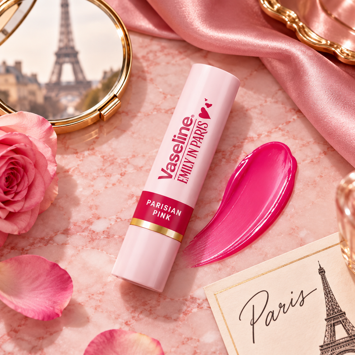 Vaseline Emily in Paris Parisian Pink tinted lip balm flat lay