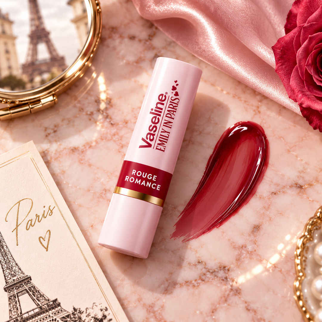 Vaseline Emily in Paris Rouge Romance tinted lip balm flat lay